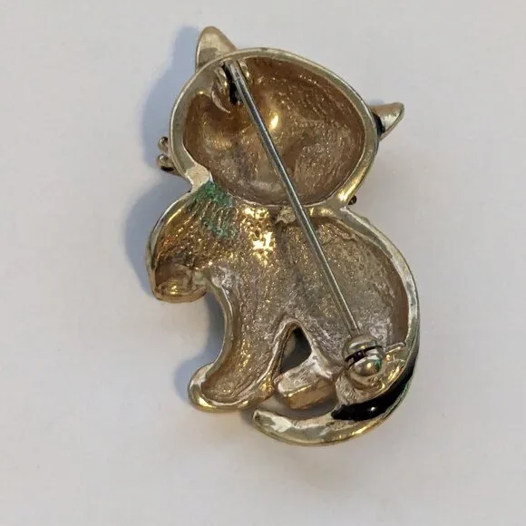 Vintage Black Enamel Clear Rhinestone Eyes Kitty Cat Kitten Halloween Brooch Pin - Picture 3 of 3